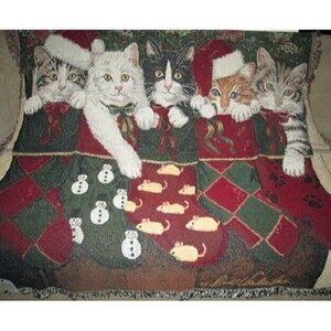 New Christmas Kittens Woven Afghan Tapestry Throw Gift Blanket NIP Holiday Cat